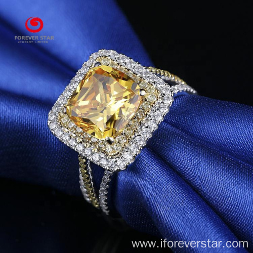 14K White Gold Cushion Yellow Diamond Moissanite Ring